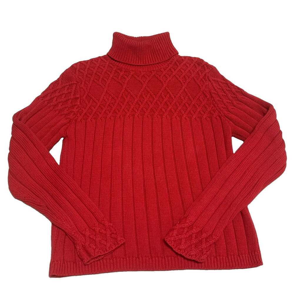 Vintage Wainscott Red Cable Knit Turtleneck Sweater Women's Large 90s Y2K